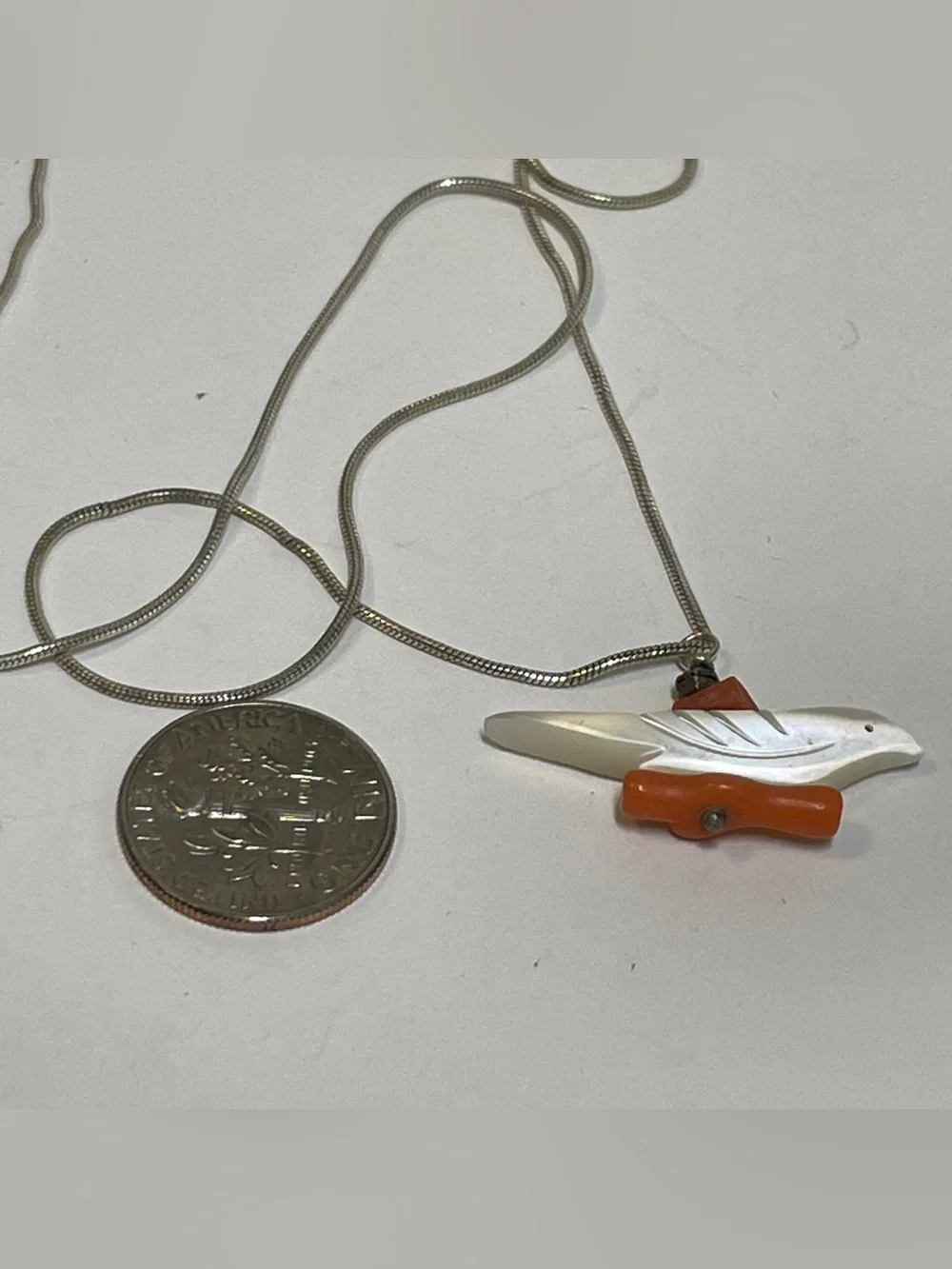Southwestern Sterling Silver Coral MOP Bird Necklace, 4.36g, 16in